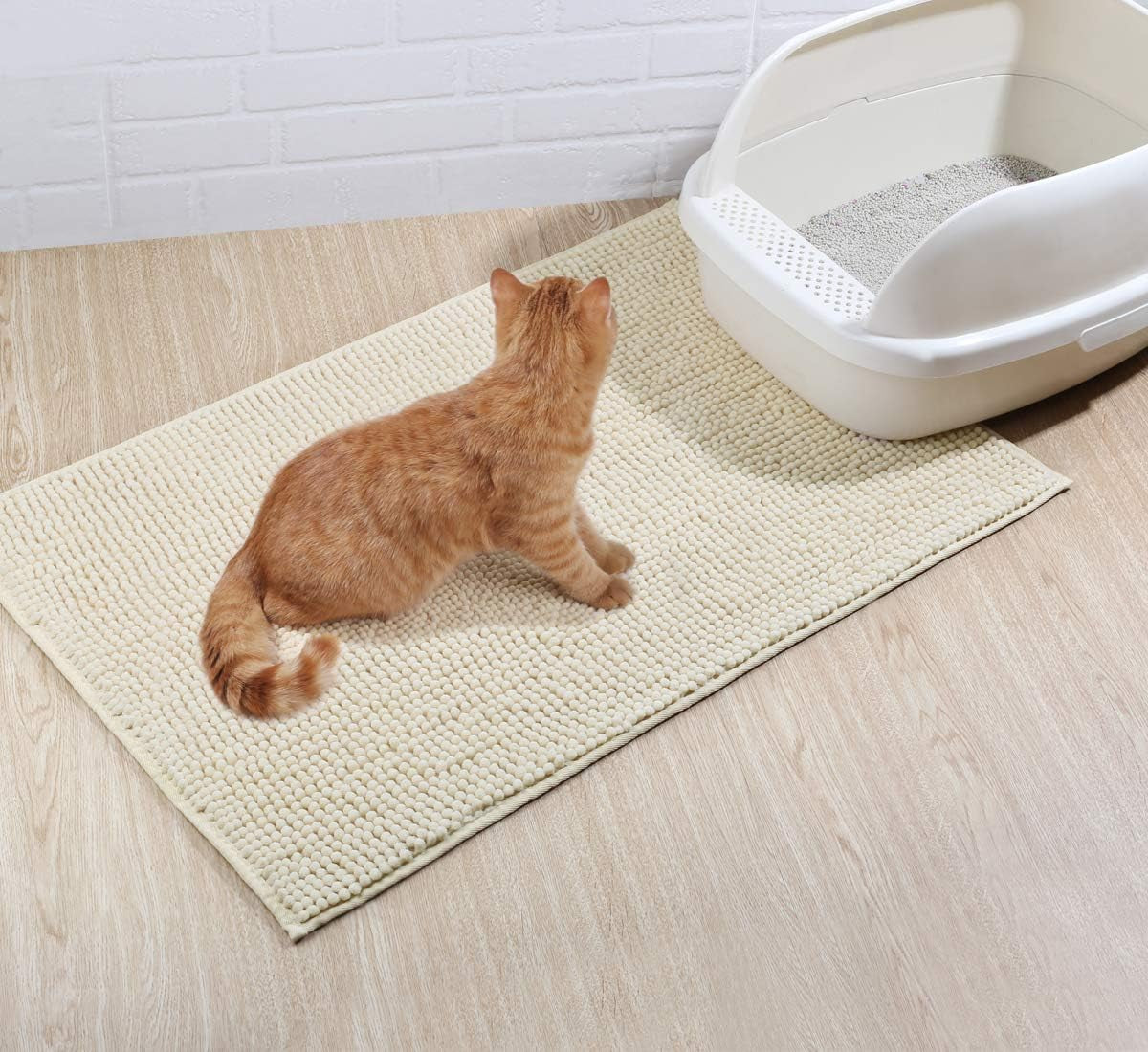 Cat Litter Mat Softgrip Litter Trapping Mat, Muddy Litterbox Rug for Indoor & Floor, Machine Washable Easy Clean Soft Microfiber for Cat, 35"× 25", Beige