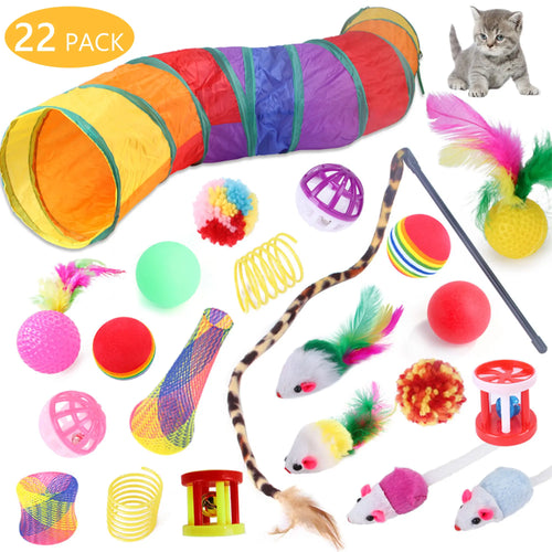 Cat Toys Set - 22Pcs Interactive Cat Toys for Kittens & Indoor Cats with Rainbow Tunnel, Feather Teaser Wand, Sisal Mice, Bell Balls & Crinkle Balls,Summervibes