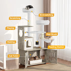 Yitahome Cat Tree with Litter Box Enclosure, 2-In-1 Cat Furniture, Modern Cat Condo, Indoor Pet Tower with Food Station, Hammocks, Hair Brush