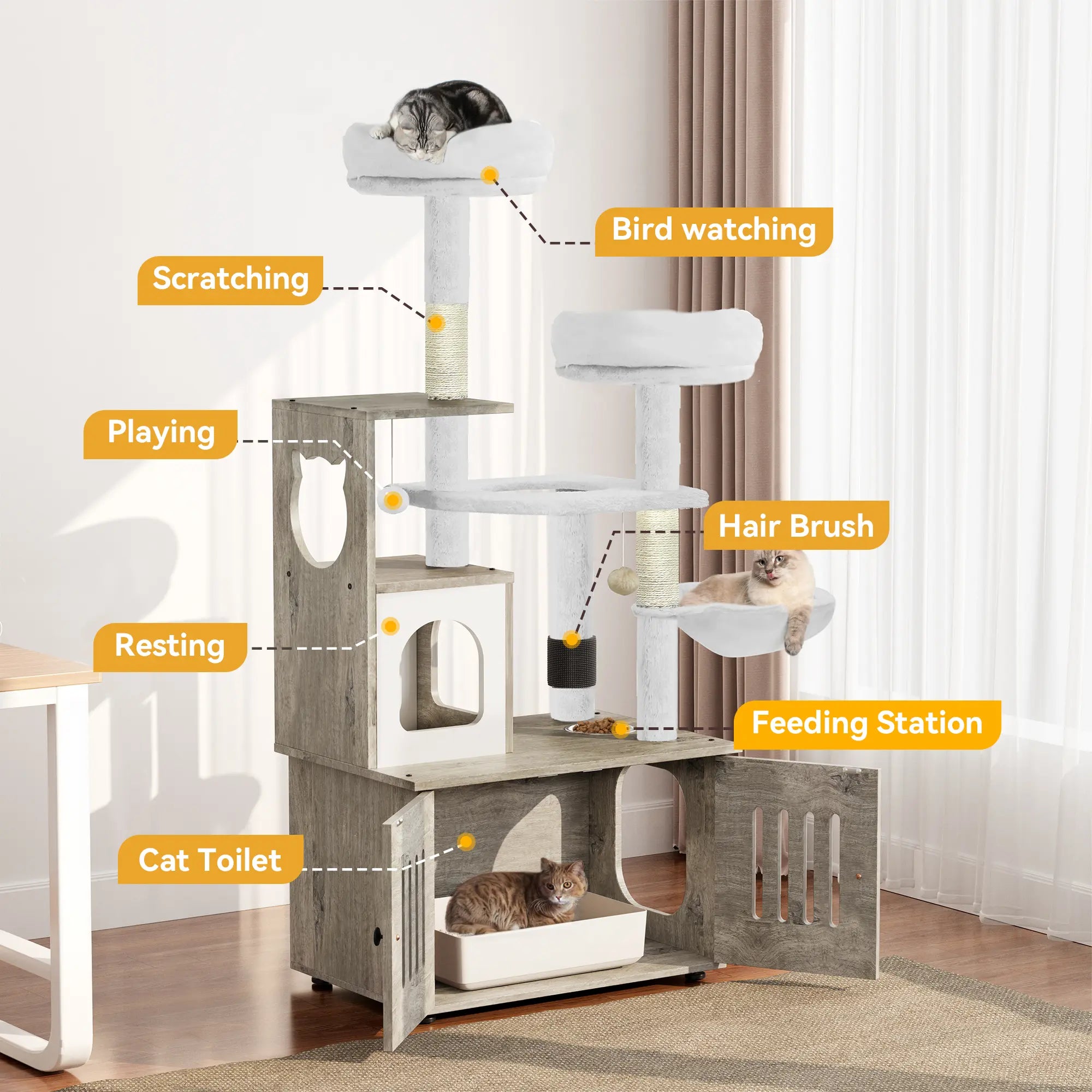 Yitahome Cat Tree with Litter Box Enclosure, 2-In-1 Cat Furniture, Modern Cat Condo, Indoor Pet Tower with Food Station, Hammocks, Hair Brush