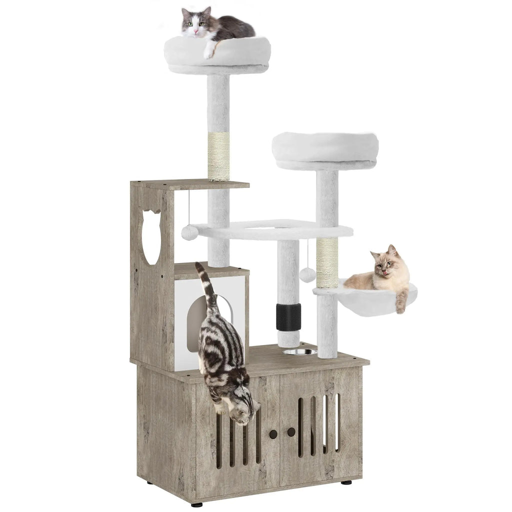 Yitahome Cat Tree with Litter Box Enclosure, 2-In-1 Cat Furniture, Modern Cat Condo, Indoor Pet Tower with Food Station, Hammocks, Hair Brush