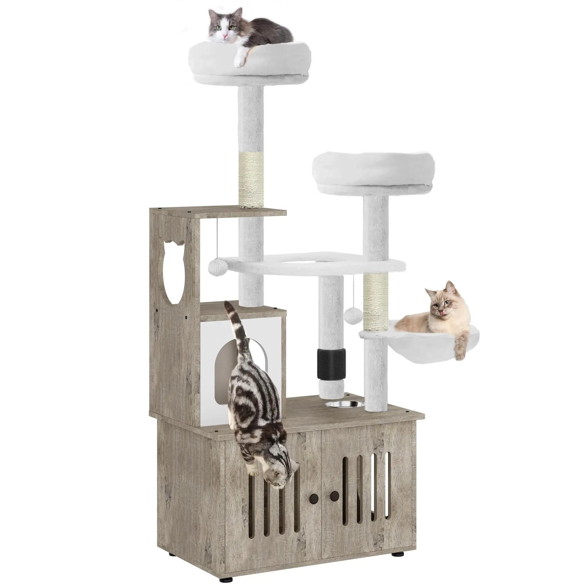 Yitahome Cat Tree with Litter Box Enclosure, 2-In-1 Cat Furniture, Modern Cat Condo, Indoor Pet Tower with Food Station, Hammocks, Hair Brush