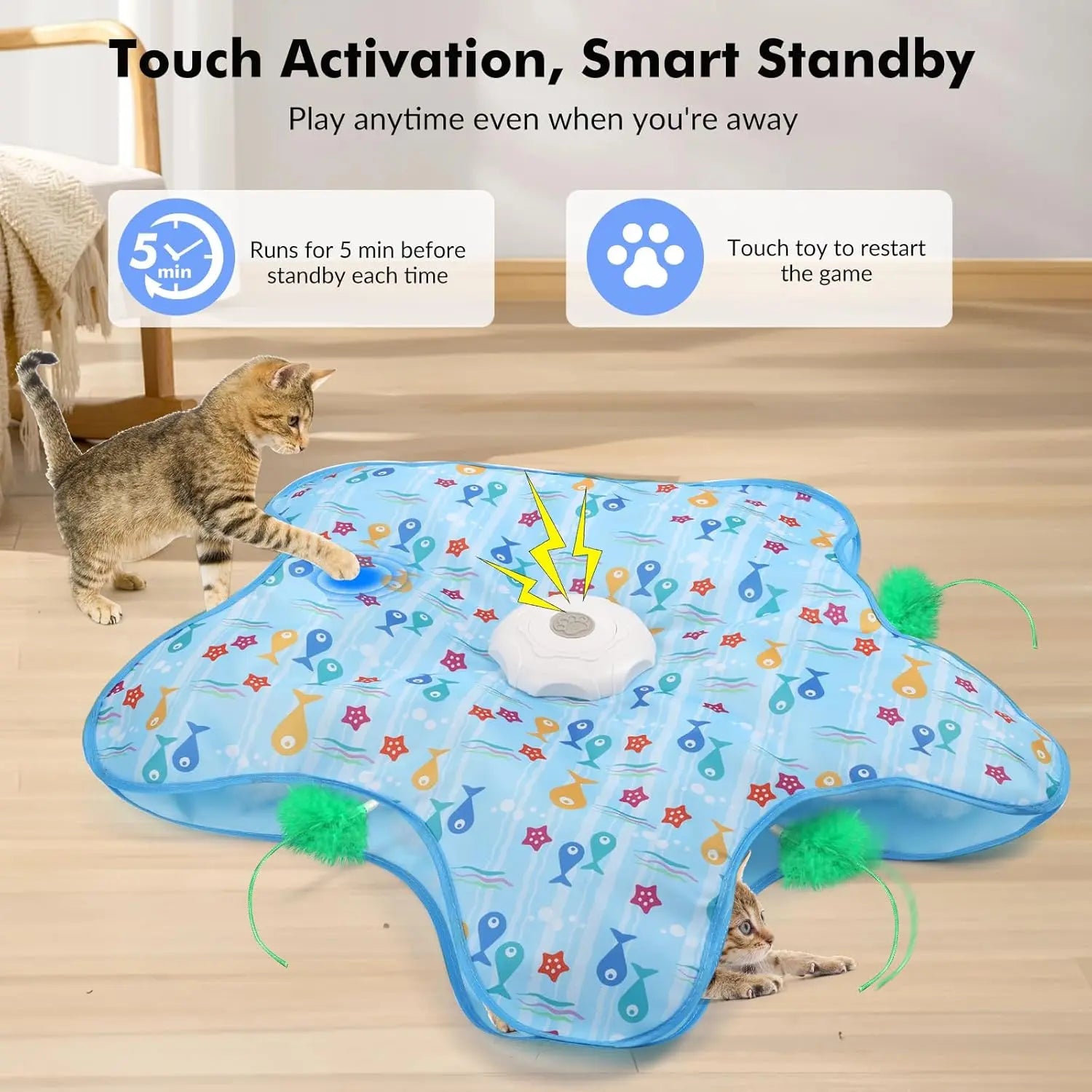 Hide and Seek Cat Toys with 2 Teasing Sticks, Touch Activated Cat Kitten Toy Exercise Toys for Indoor Bored Cats, Interactive Cat Toys Rechargeable, Moving Concealed Feathers, Real Mouse Squeaky