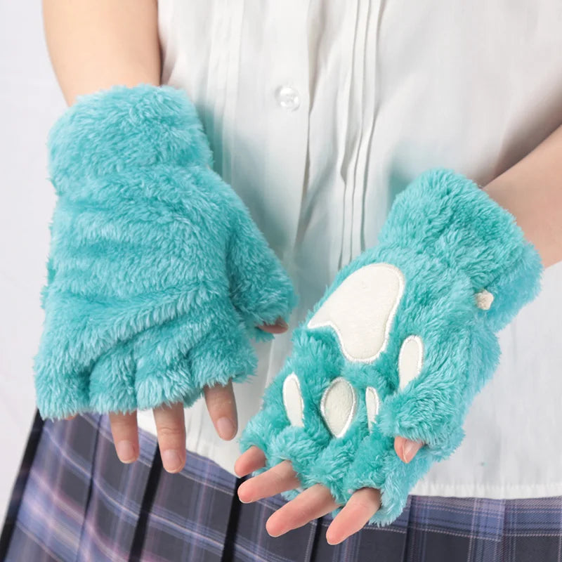 Cartoon Cat Claw Plush Gloves – Cozy Half-Finger Winter Mittens
