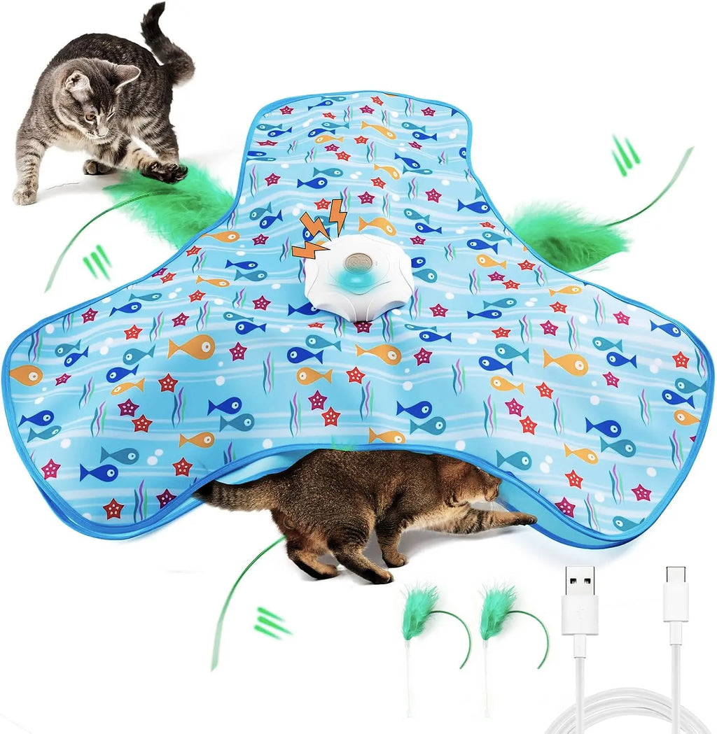 Hide and Seek Cat Toys with 2 Teasing Sticks, Touch Activated Cat Kitten Toy Exercise Toys for Indoor Bored Cats, Interactive Cat Toys Rechargeable, Moving Concealed Feathers, Real Mouse Squeaky