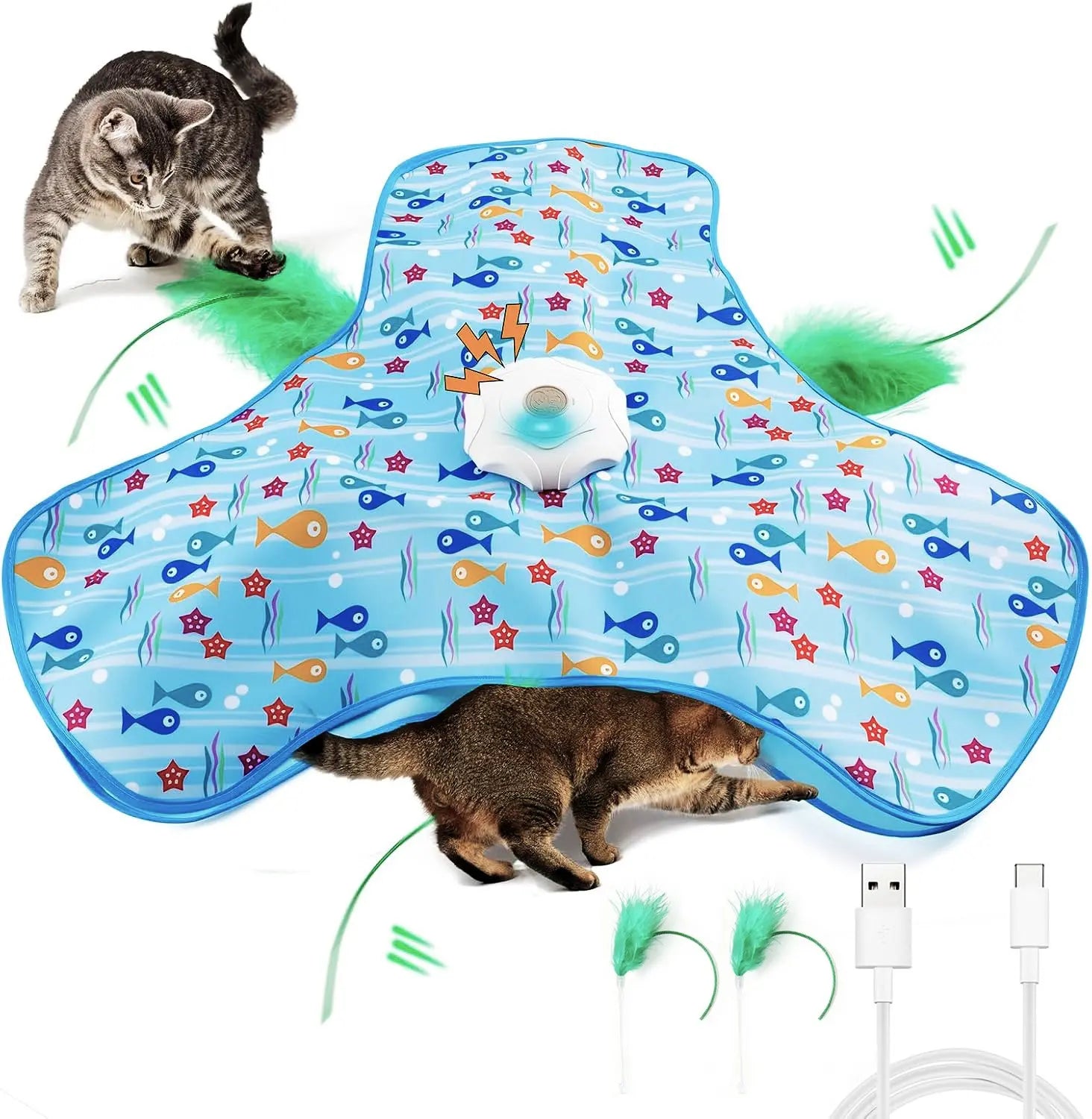 Hide and Seek Cat Toys with 2 Teasing Sticks, Touch Activated Cat Kitten Toy Exercise Toys for Indoor Bored Cats, Interactive Cat Toys Rechargeable, Moving Concealed Feathers, Real Mouse Squeaky