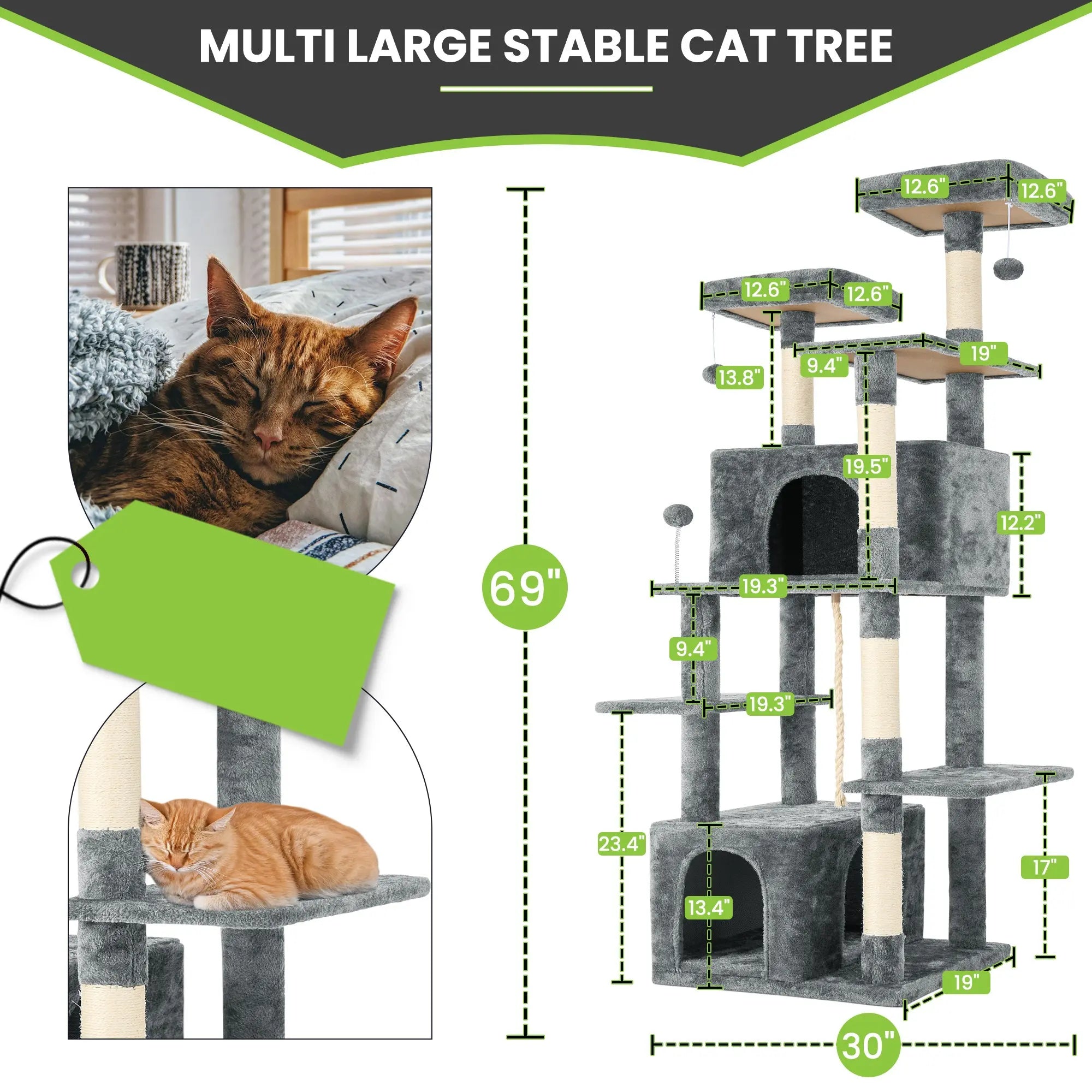 [Mothersdaygift] Wecharmer Cat Tree / Tower for Indoor with Green Leaves, Cat Condo Cozy Plush House with Hang Ball, Pet Furniture with Scratching Posts Cat Tree