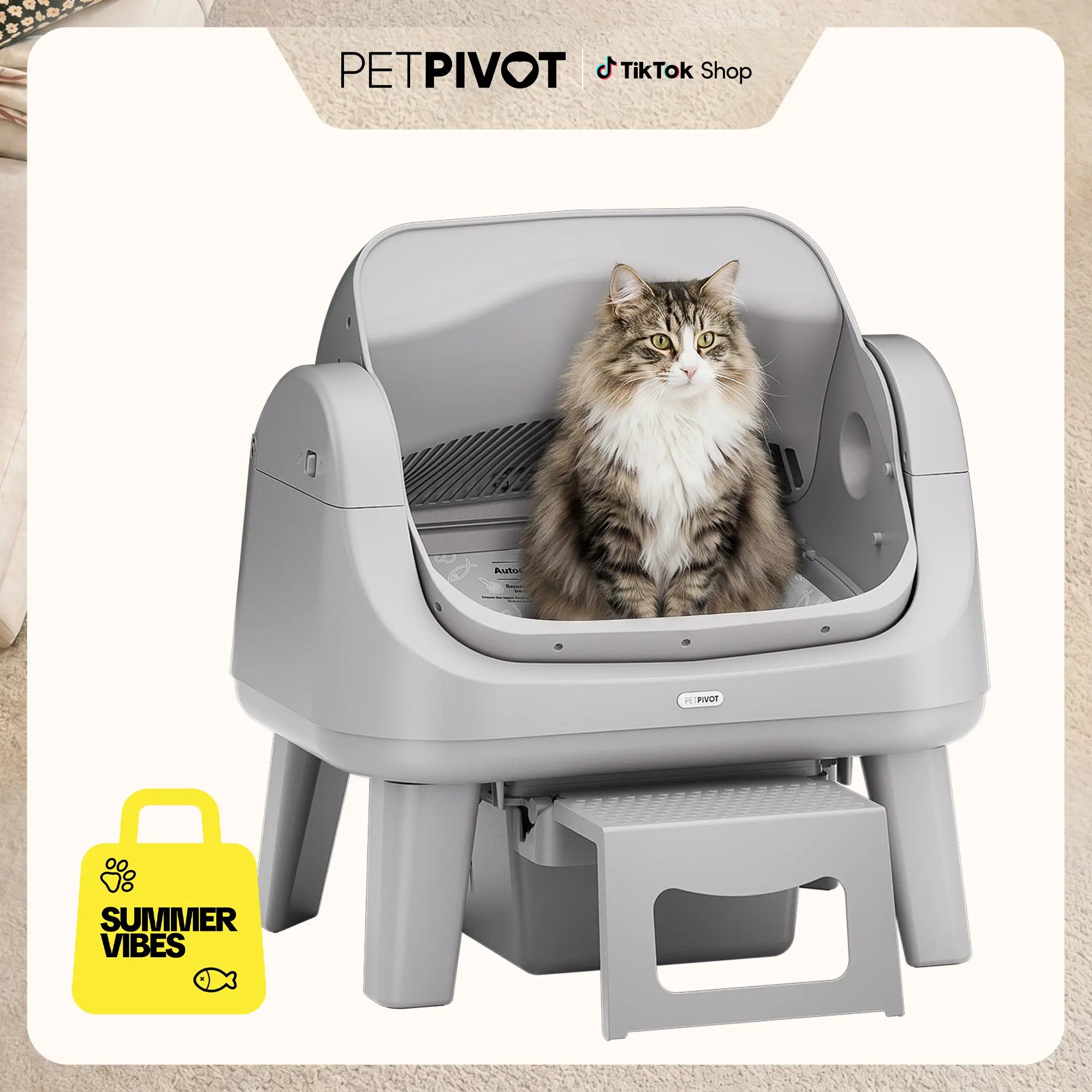 Petpivot Autoscooper 12 Lite Open Top Self Cleaning Cat Litter Box, Automatic Litter Box with 7 Pairs of Safety Sensors, Anti-Pinch Protection, Easy Access Step for Senior Cats Summervibes Petlovers