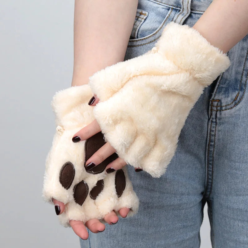 Cartoon Cat Claw Plush Gloves – Cozy Half-Finger Winter Mittens