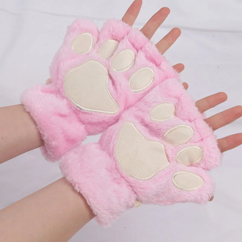 Cartoon Cat Claw Plush Gloves – Cozy Half-Finger Winter Mittens