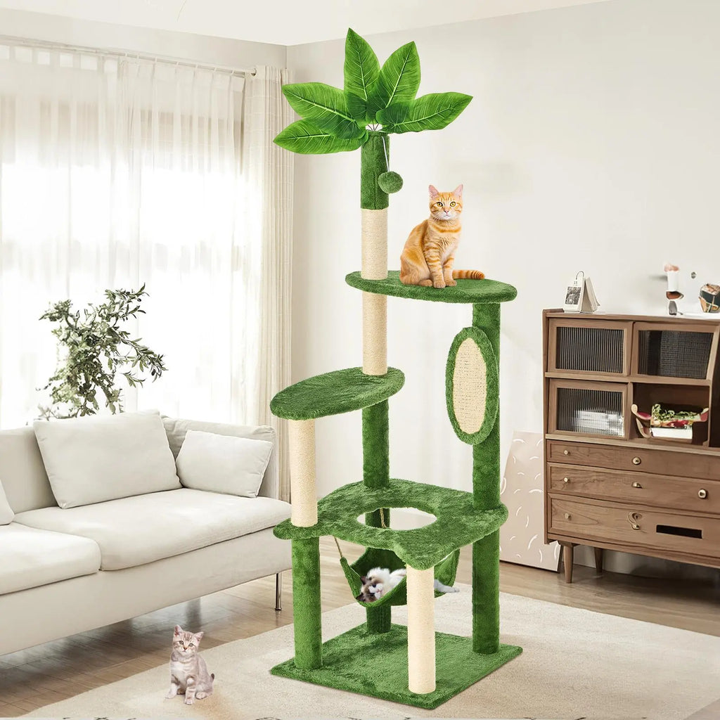 [Mothersdaygift] Wecharmer Cat Tree / Tower for Indoor with Green Leaves, Cat Condo Cozy Plush House with Hang Ball, Pet Furniture with Scratching Posts Cat Tree