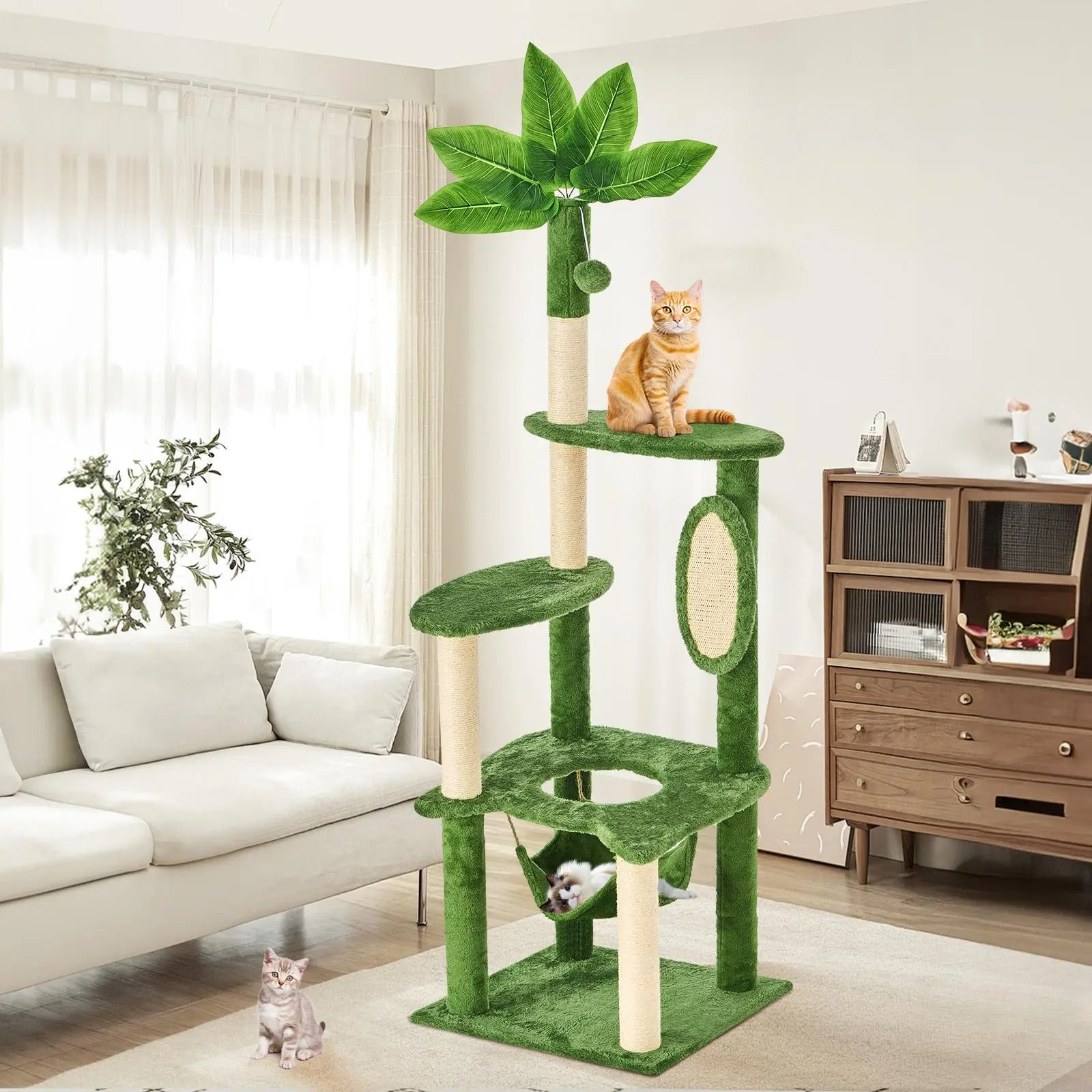 [Mothersdaygift] Wecharmer Cat Tree / Tower for Indoor with Green Leaves, Cat Condo Cozy Plush House with Hang Ball, Pet Furniture with Scratching Posts Cat Tree