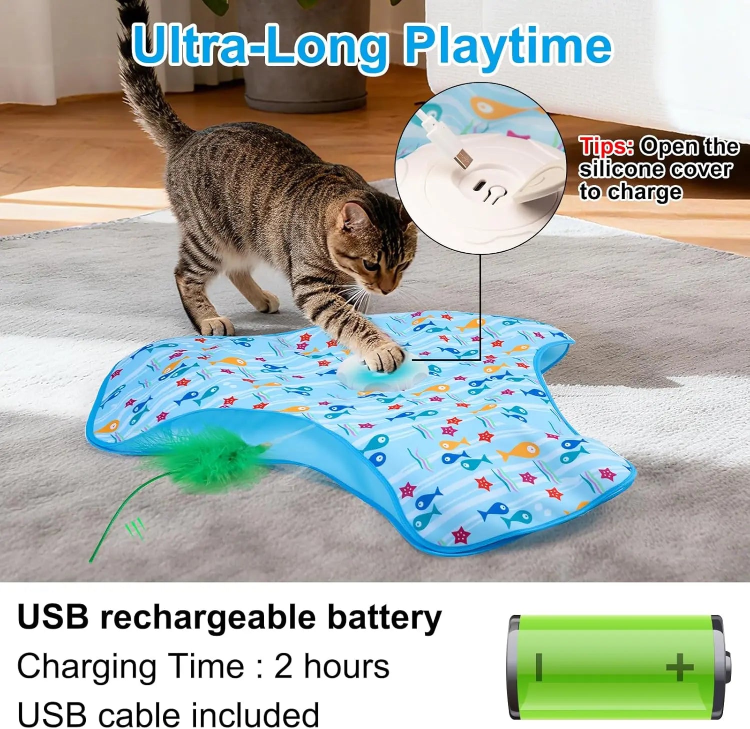 Hide and Seek Cat Toys with 2 Teasing Sticks, Touch Activated Cat Kitten Toy Exercise Toys for Indoor Bored Cats, Interactive Cat Toys Rechargeable, Moving Concealed Feathers, Real Mouse Squeaky