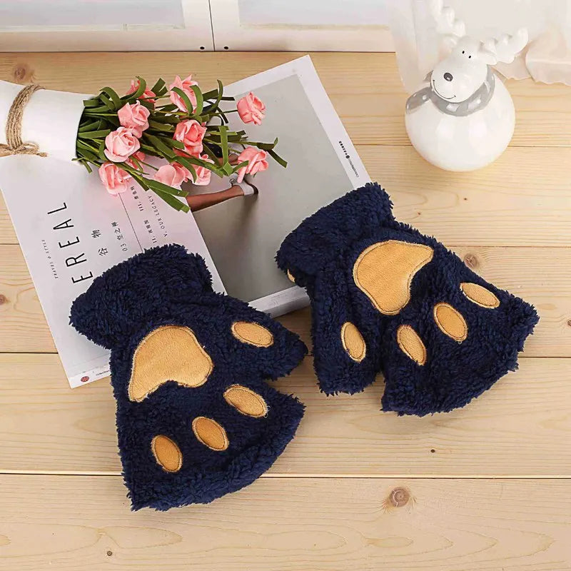 Cartoon Cat Claw Plush Gloves – Cozy Half-Finger Winter Mittens