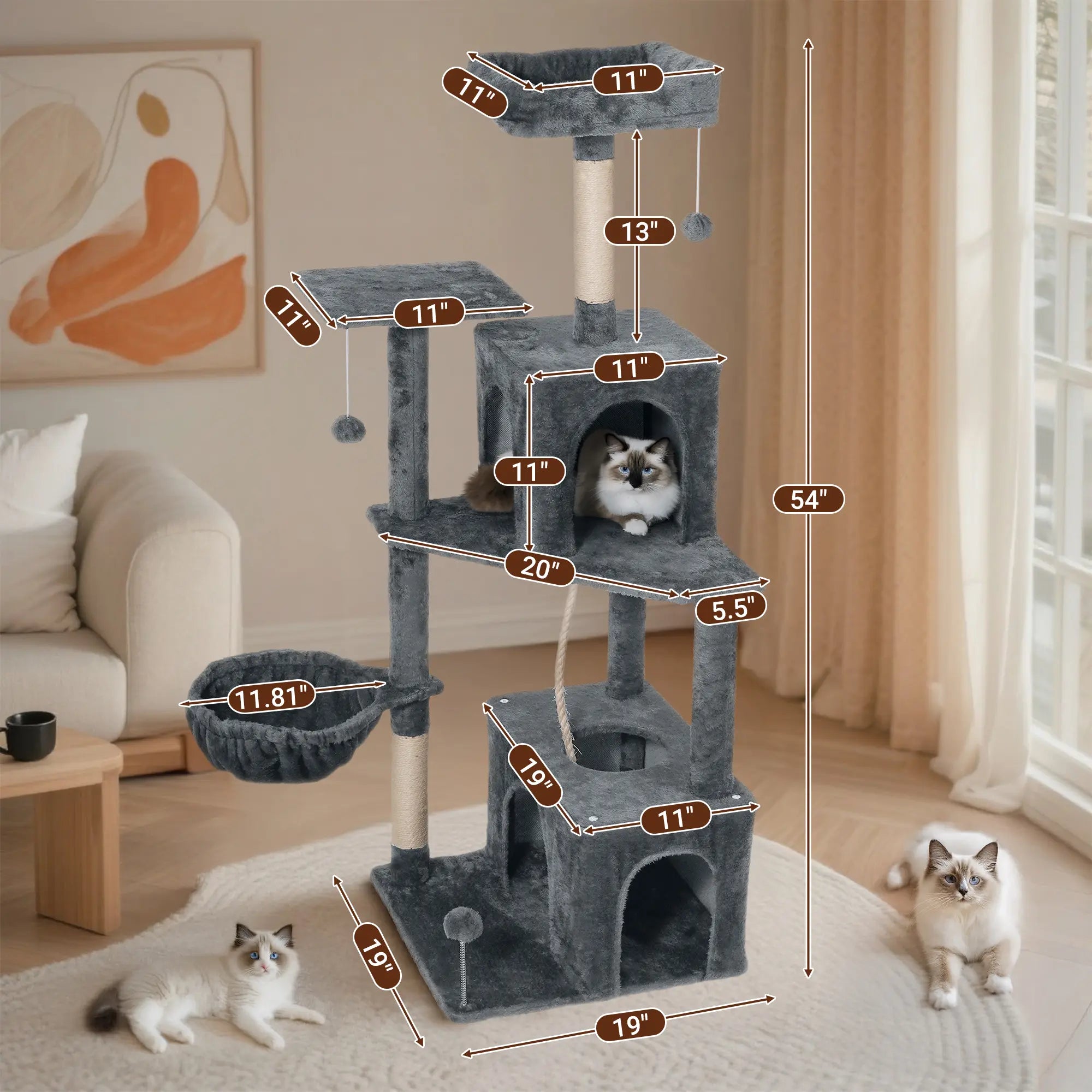 [Mothersdaygift] Wecharmer Cat Tree / Tower for Indoor with Green Leaves, Cat Condo Cozy Plush House with Hang Ball, Pet Furniture with Scratching Posts Cat Tree
