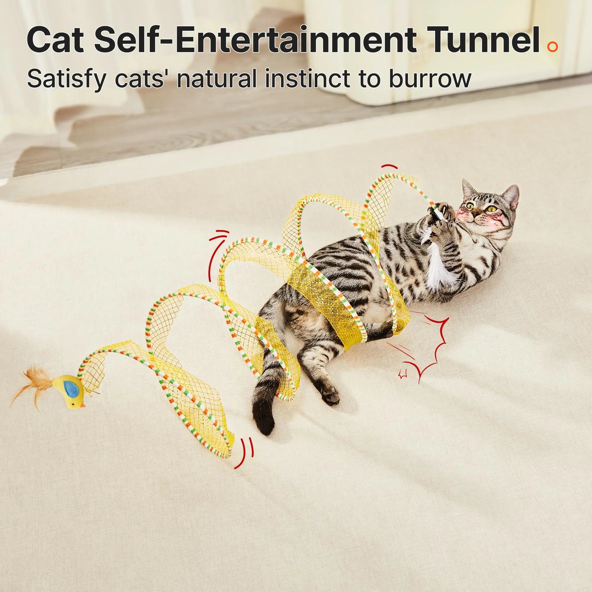 Potaroma Spiral Cat Tunnel - Collapsible Spring Toy with Feather & Bell