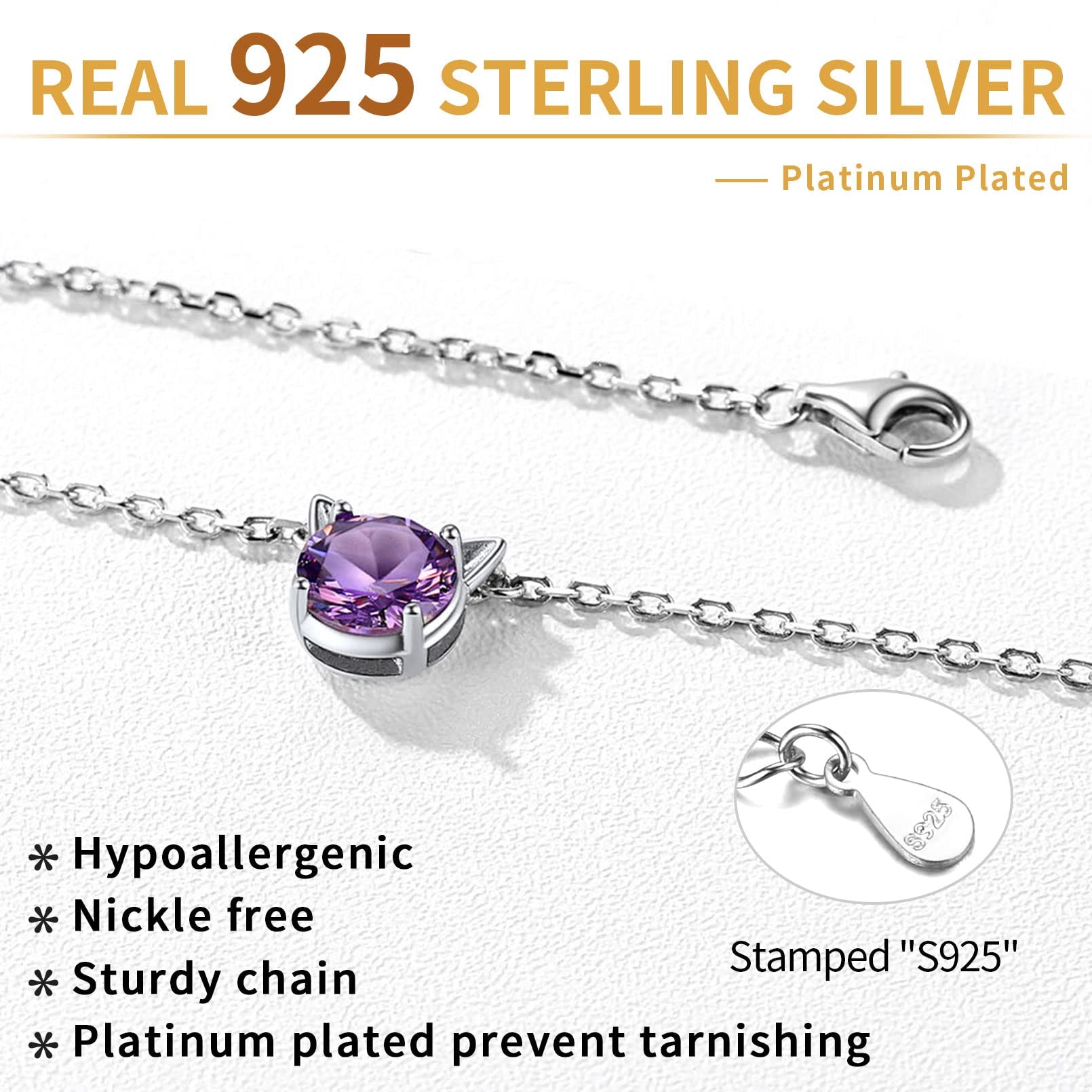 Dainty Cat Birthstone Necklace – Sterling Silver Valentine's Gift