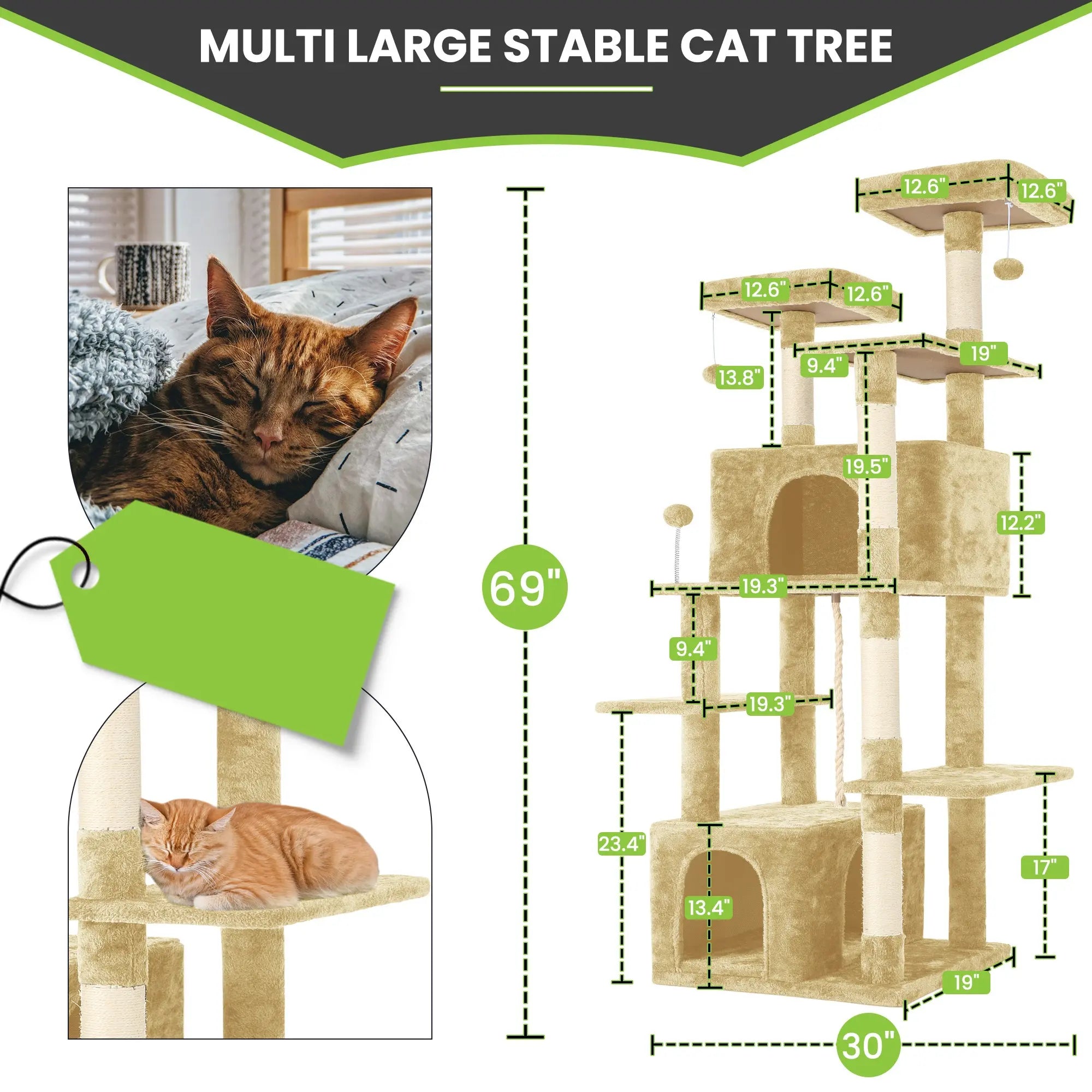 [Mothersdaygift] Wecharmer Cat Tree / Tower for Indoor with Green Leaves, Cat Condo Cozy Plush House with Hang Ball, Pet Furniture with Scratching Posts Cat Tree